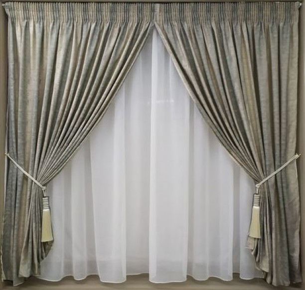 PAK Curtain Set - 5m MG Stripe Green & Gold + 5m Plain Linen Voile Room Darkening (500 cm x 230 cm) Polyester Curtain