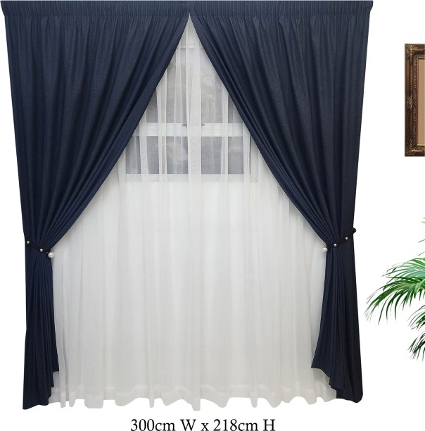 Matoc Designs Matoc Curtain Set- Denim Indigo Curtain & Mystic Voile White - Taped- 300cm W x 218cm H Room Darkening (300 cm x 218 cm) Blends Curtain