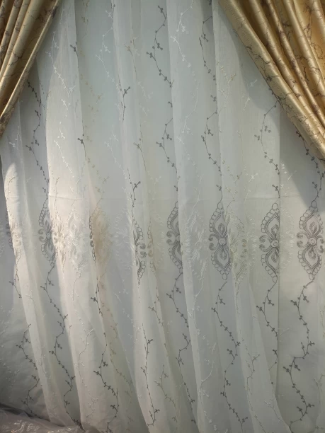 EverythingMART 5 m White Lace with Grey, White and Beige Embroidered Patterns, Taped designs Semi Transparent (5 m x 240 cm) Polyester Curtain