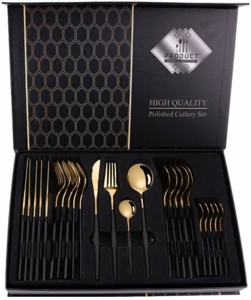 Generic 24 Piece Stainless Steel Cutlery Set - Black & Gold Stainless Steel Cutlery Set