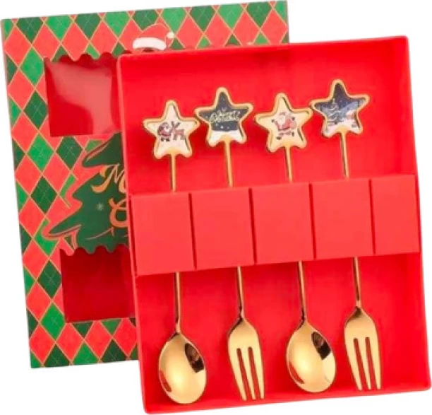 top sale trader 4-Piece Christmas Dessert Cutlery Set with Decorative Handles Stainless Steel Cutlery Set