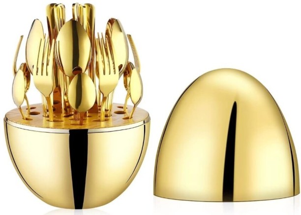 EGG 24 Pieces Stainless Steel Flatware Set with Tableware Storage Holder Gold Plated Cutlery Set