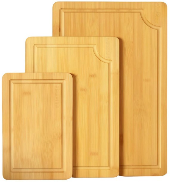 HA SA Bamboo Cutting Boards for Kitchen Meal Prep and Serving Set - 3 Piece Wooden Cutting Board