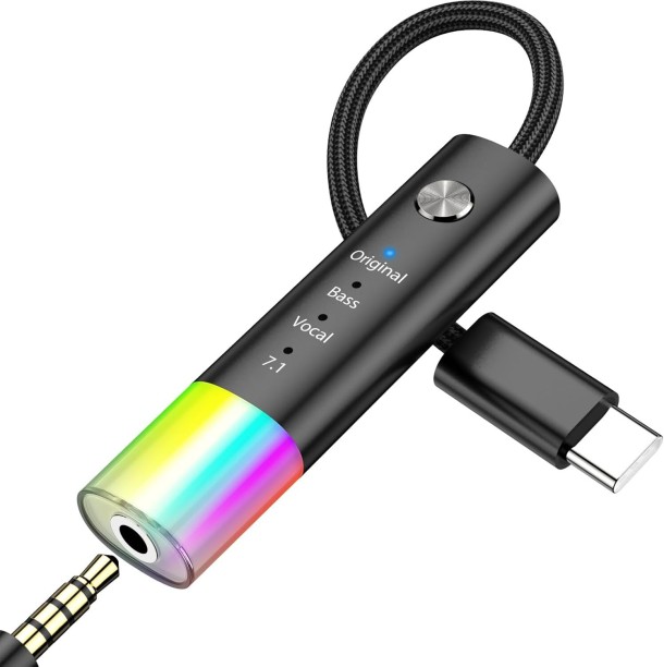 Flycross 3 Pin Male To USB Type C 17 m 3.5mm Jack Audio Adapter, USB C Headphone Adapter, Neon Light, Multiple Mode, Hifi Bass, Clear Vocal, Surrounded Sound