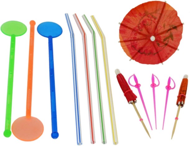 TANDY Cocktail Umbrella, Fork, Straw, Swizzle Dental Floss-Toothpick