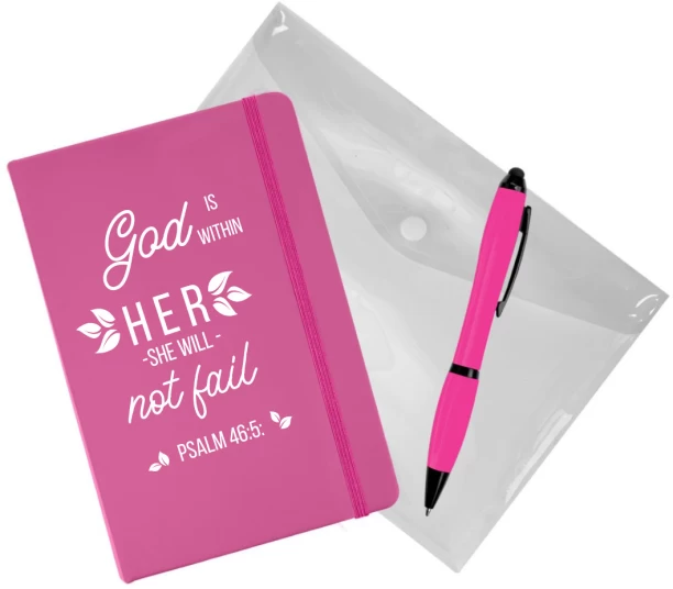Stickit Craft SIC-GSET-PNK-001 A5 Notebook A5 Pink Notebook Set - God is within Her, She will not Fail , Matching pen & Envelope - Elegant stationery Bundle for journaling, Office, School or Gifting.