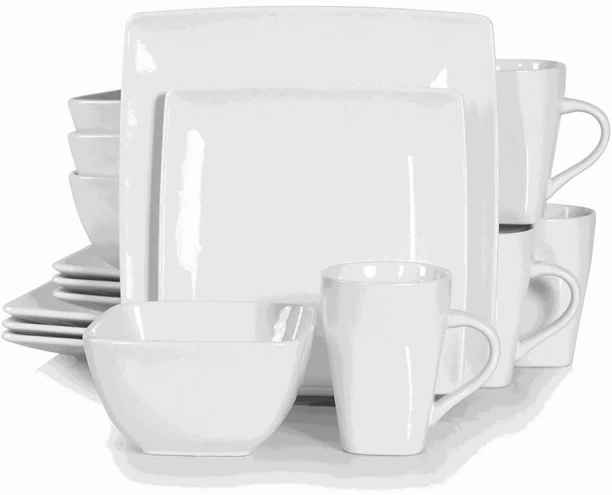 LAS Ceramic 16 Piece Square Dinner Set - White - 16 Pieces Dinner Set