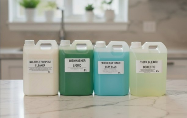 Homecare essentials Household Essentials Cleaning Pack 4x2L (Multipurpose Cleaner, Dishwashing Liquid, Fabric Softener Baby Blue, Thick Bleach)