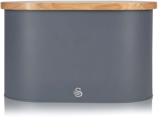 Swan Slate Grey Bread Bin with Cutting Board Bamboo Dustbin