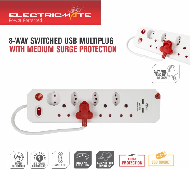 Electricmate 8-Way Switched USB Multiplug With Medium Surge Protection Three Pin Plug