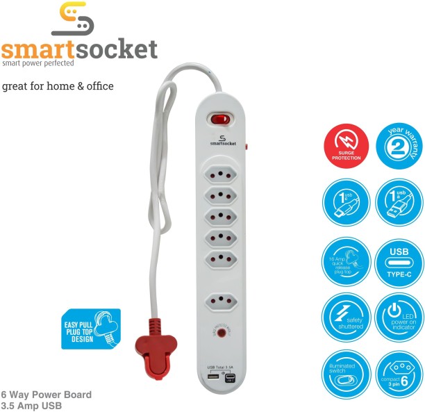 Smartsocket Surge Protected 6 Way Slimline Board with 3.5 Amp Power Plug