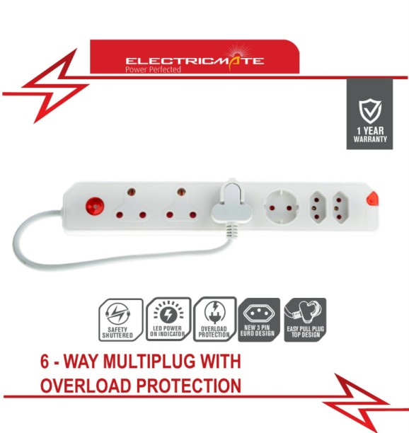Electricmate 6-Way Multiplug With Overload Protection Three Pin Plug