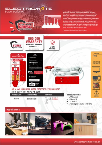 Electricmate 10 Amp High Level Surge Extension Lead 3m 10 A D Socket