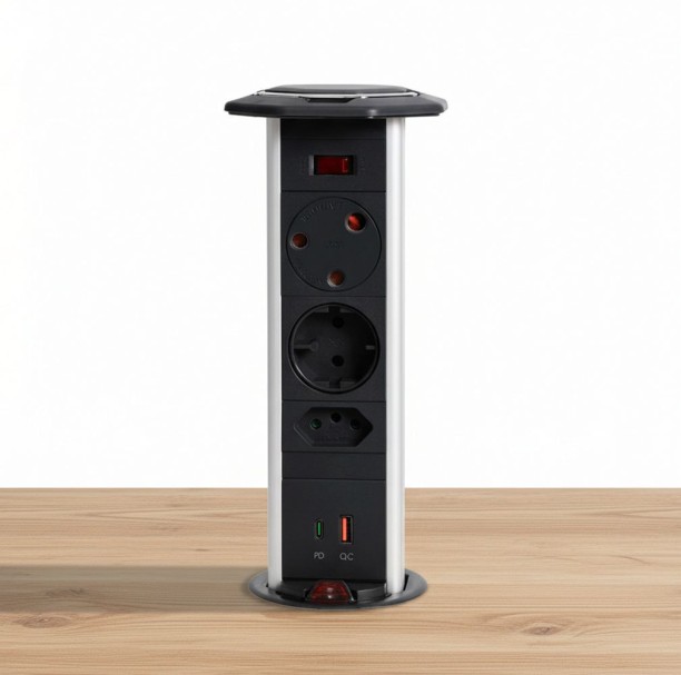 Powerlogic Powerdock MK545 (Hexagonal Top) Pull up Multiplug with Fast 45W USB A&C Charger (Black) 15 A M Socket