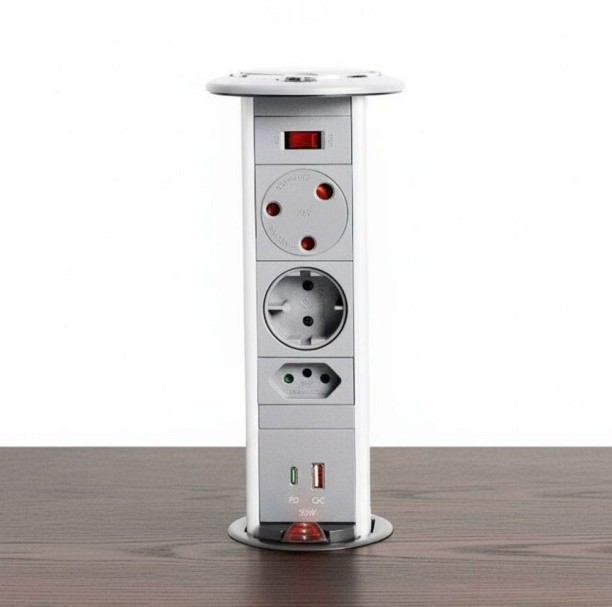 Powerlogic Powerdock MK445 (Round Top) Pull up Multiplug with Fast 45W USB A&C Charger (Light Grey) 15 A M Socket