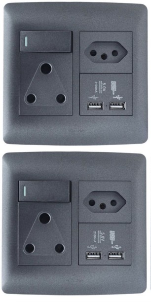 Goodace Metallic Black Single Plug, Euro and 2 USB 2.1A Socket - 2 Pack 16 A Manual  Electrical Switch