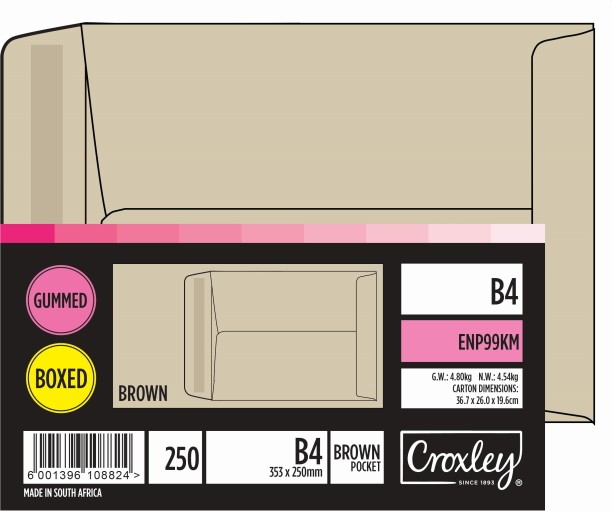 Croxley Brown Gummed Envelopes - Unbanded (Box of 250) - JD99KM B4 Envelopes