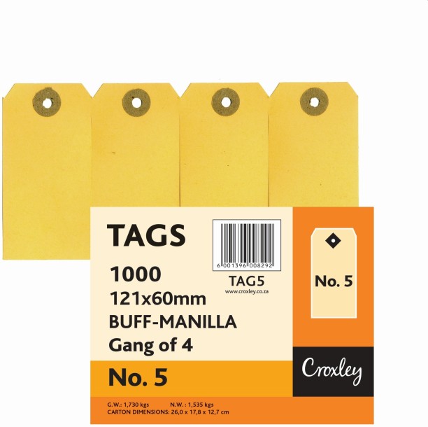 Croxley JD5 Buff Manilla Tags Gangs of 4 - No.5 - 121X60 (Box of 1000) Envelopes