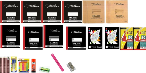 Treeline Combo Typek, Treeline books, Kangaroo Flip files, HB Pencils, Bic Pens, Pritt, Ruler, Scissor, Rubber, Sharpener 300 mm Stationery Combo