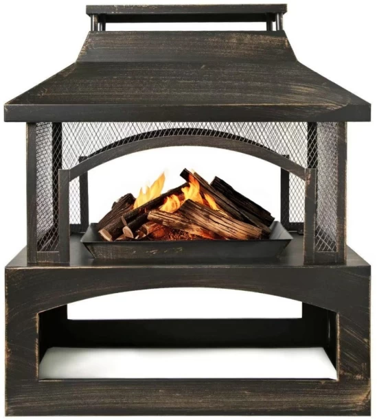 Outdoor Buddy EmberLounge Outdoor Fire Place – Mesh Sides, Wood Shelf &Bronze Finish / Wood Fireplace
