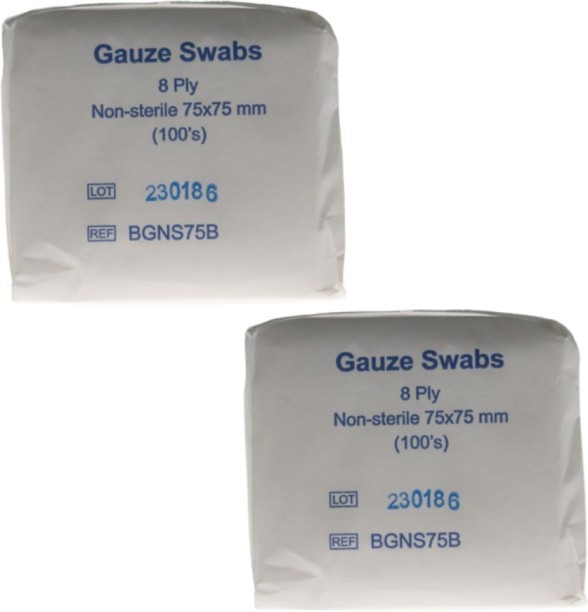 Firstaider Non Woven Gauze Swabs Non Sterile 75 x 75mm 8ply 100's - 2 Pack First Aid Kit