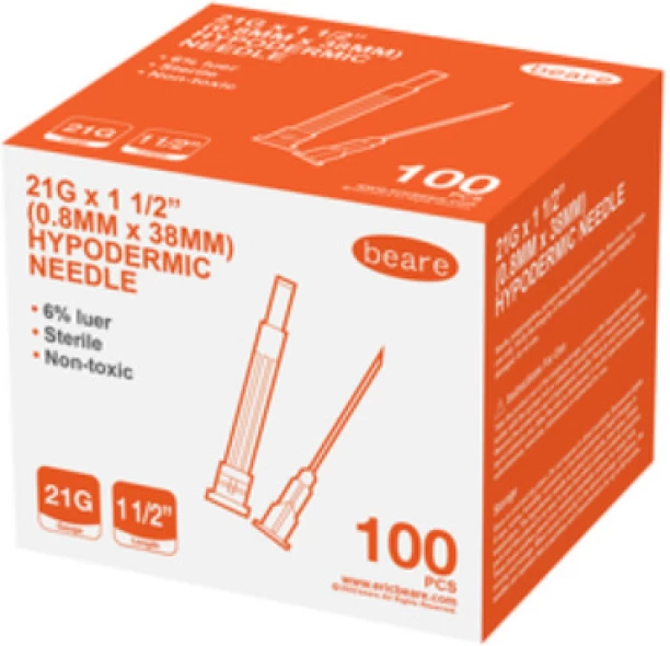 HYPODERMIC NEEDLE 21GX38MM BEARE 100~ First Aid Kit