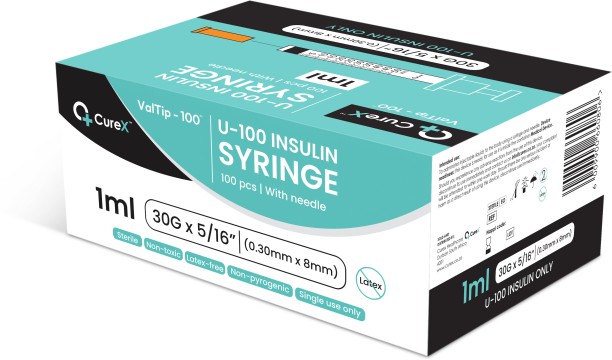 Curex ValTip-100 Sterile Insulin Syringe - 1ml, 30G, 8mm Needle First Aid Kit