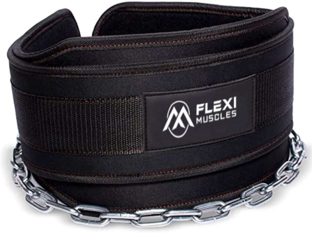 Flexi Muscles Dip Belt with Chain for Weight Lifting. Black Weight Belt