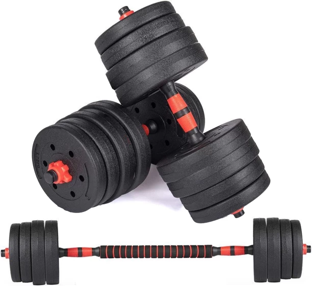 Everlast 40kg Vinyl Barbell and Dumbbell Black, Red Bar & Plate Combo