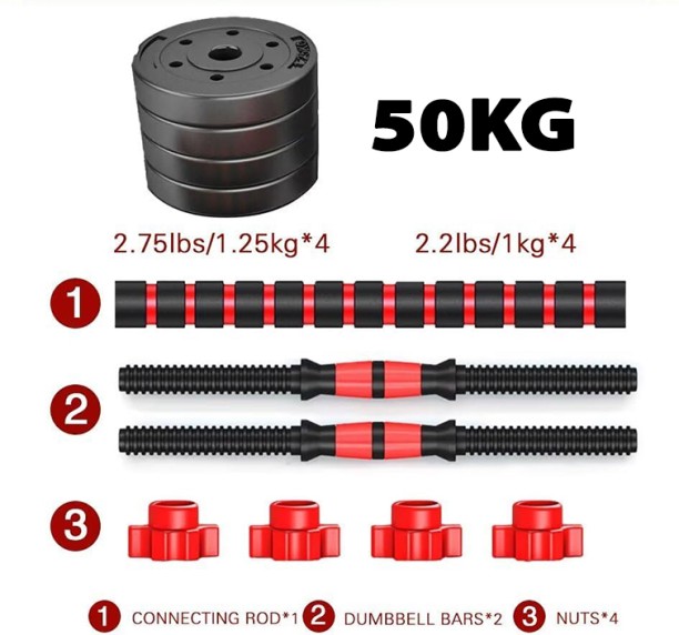WOODLY Barbell & Dumbbells Adjustable Weight Set Black Weight Plate, Bar & Plate Combo black red Weight Plate