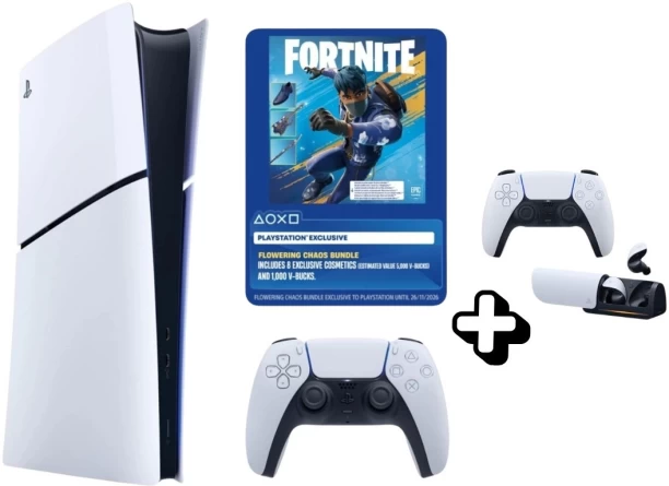 Sony Ps5 Slim Digital + Fortnite + 2 X Controllers + Ps Pulse Wireless EarBuds + Cable Guy Mini 825 GB
