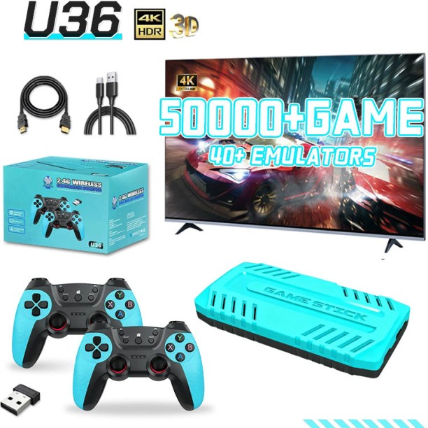 marevic U36 Retro Game Stick 4K, Retro Video Gaming Console with 50000+ Games 40 Emulators, Plug and Play TV Game with 2 x 2.4G Rechargeable Wireless Controllers, Support Search Games (Blue,128GB) 128 GB