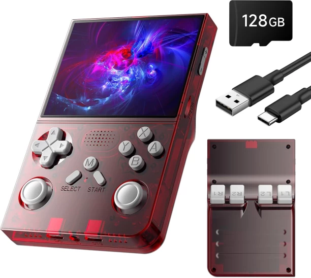 marevic R40 Retro Handheld Game Console - 128GB with 25K+ Games, 3.5 Inch IPS Screen, 3000mAh Battery, Mini HDMI, Type-C, Reverse Charging-Red 128 GB With Games Included