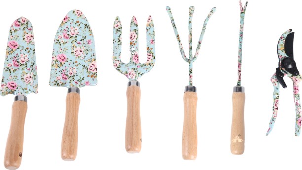 ALANES 6 Pieces Wood Heavy Duty Floral Pattern Garden Tools Set Kit Garden Tool Kit