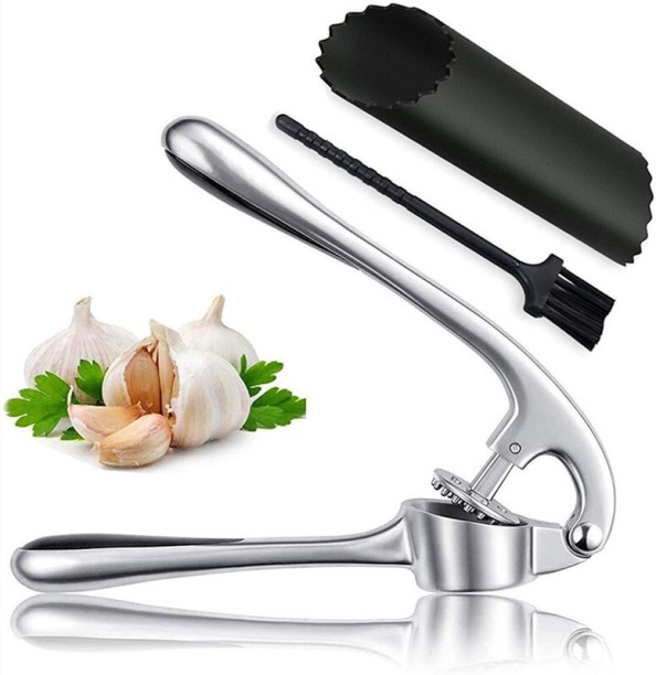 marevic Premium  Set - Rust Proof Professional Garlic Mincer Tool - Easy-Squeeze, Easy-Clean with Soft, Ergonomic Handle - Silicone Garlic Peeler & Brush Garlic Press