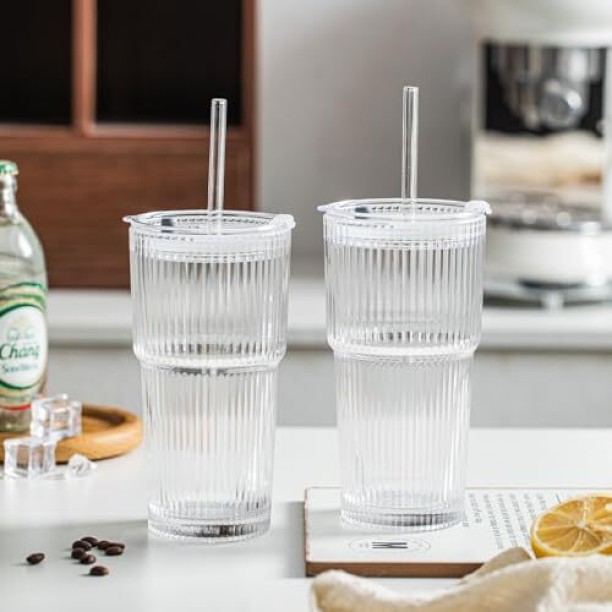Wendy,s (Pack of 2) Ribbed Glass Tumbler With lid Cocktail Glass