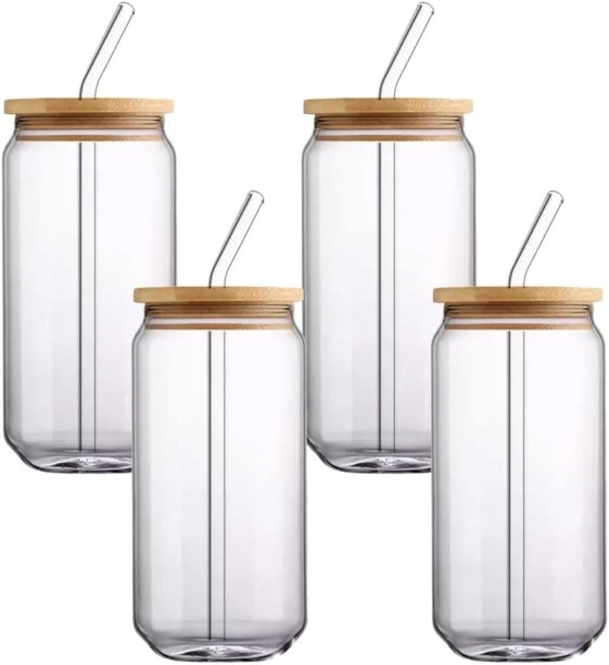 Generic (Pack of 4) Glasses with Bamboo Lid and Glass Straw Cocktail Glass Set