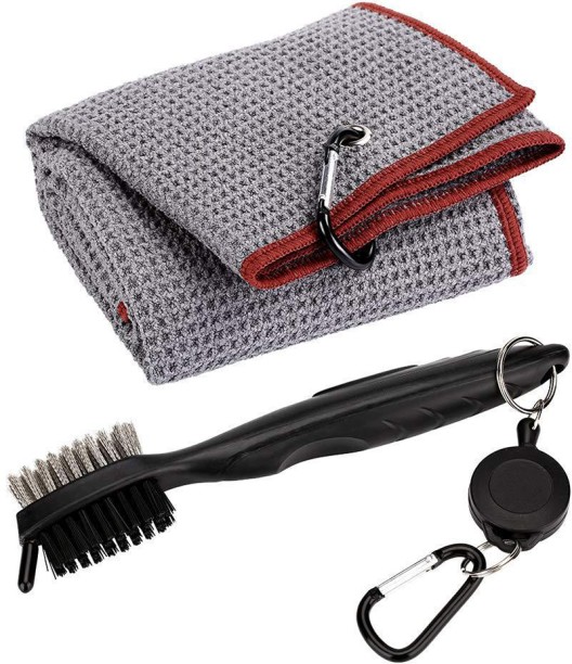 ALANES Gray Waffle Pattern Tri-fold Golf Towel with Black Club Groove Cleaner Golf Kit