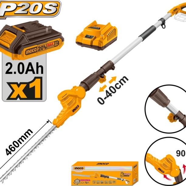 INGCO Cordless Pole Hedge Trimmer 20V Lithium-Ion Cordless Grass Trimmer