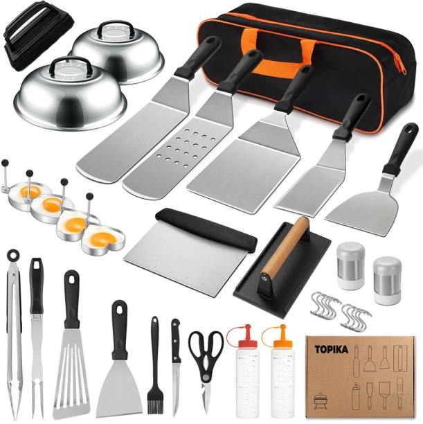 Topika 36-Piece Flat Grill Tool Set for Camping Cooking, with Storage Bag Fish Basket Grill