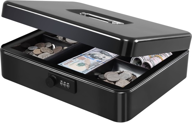 OMGift Cash Box with Combination Lock Safe Metal Money Box with Money Tray for Security Lock Box Grocery Bag
