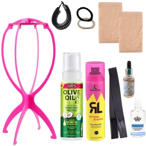 Mmafha Wig Stand, Spray, Band & Caps, Olive Oil, Remover, Styling Tools & Hair Oil Hair Combo
