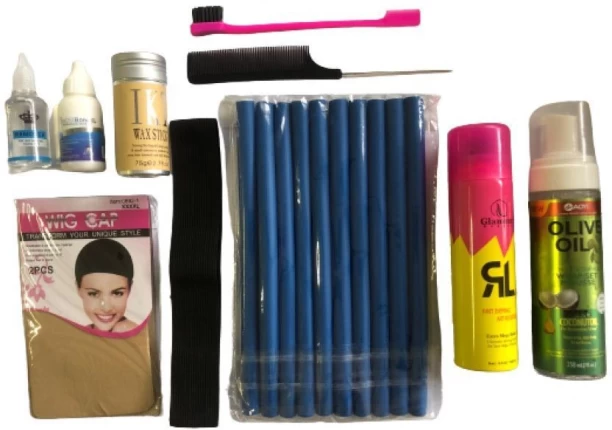 Lihle Wig Kit -Glamour Spray, Mouse, Remover, Glue, Combs, Band, Wax, Curler, Cap Hair Combo