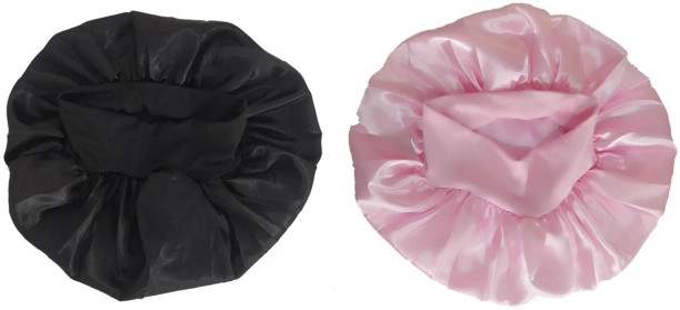 OQ Trading 2 Piece Satin Sleeping Hair Bonnet - Large - BLACK AND PINK Hair Accessory Set