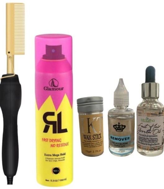 Mmafha Hot Comb, Glamour Spray, Wax Stick, Glue Remover & Hair Growth Oil Hair Accessory Set