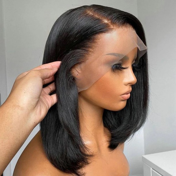 MAX Bone Straight 13x4 Lace Front Wigs 14 Inch Short Bob Wig 4x4 Transparent Lace Frontal Wig Brazilian 100% Human  200% Density Hair Extension