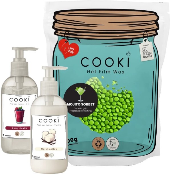 Cooki Mojito Sorbet Hot Film Wax 800g, Pre Wax Lotion + Post Wax Lotion