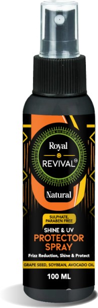 Royal Revival Shine & UV Protector Spray, Travel Pack Size, Grape Seed Oil, Soybean Oil, Avocado Oil, and Flaxeed Oil. Curl Hair