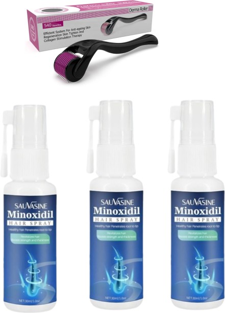 Sauvasine Minoxidil Hair Growth Spray Revitalizes Hair Boots Strength And Thickness Plus Derma Roller Set
