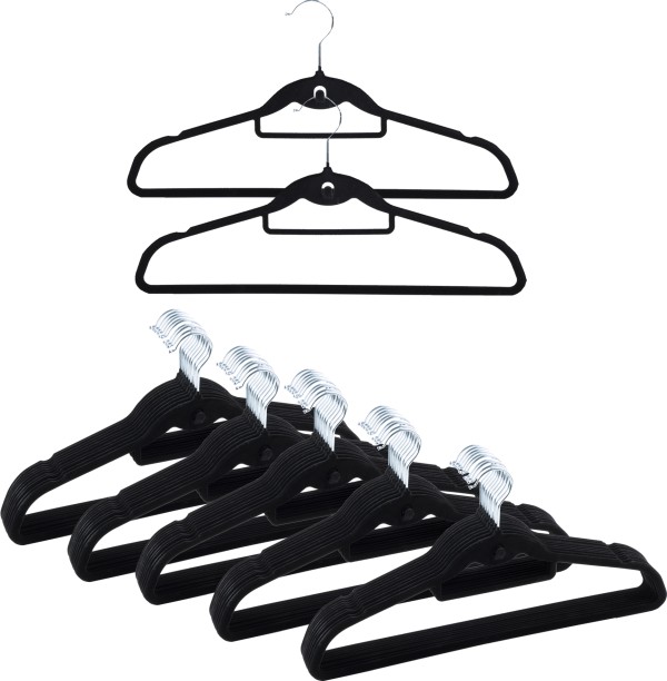 Anchor 50 pack Black Non-Slip Velvet Space Saver Flocked Hangers with Hook Plastic Pack of 50 Hangers For Dress